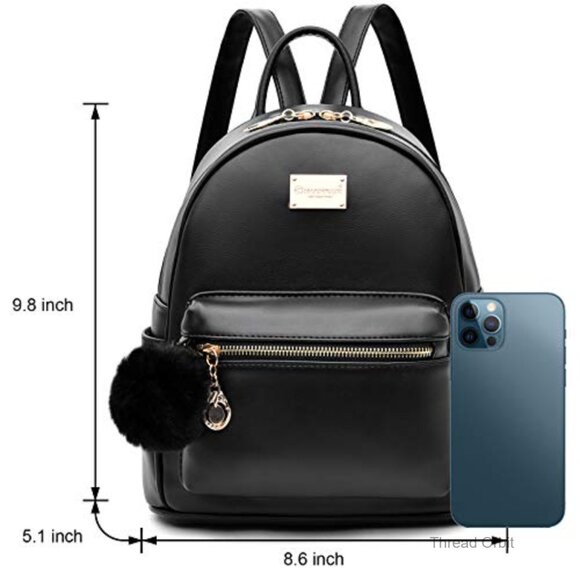 Mini Vegan Leather Backpack Purse with Pompom, Adjustable Straps, 4 Pockets